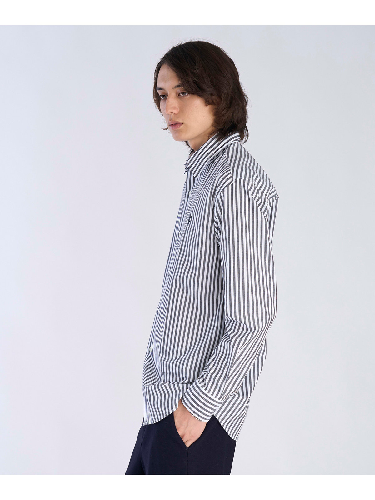 HOMME メンズ メンズ アイコニック 刺繍 ストライプ 長袖 シャツ ”Lezard” ブラック