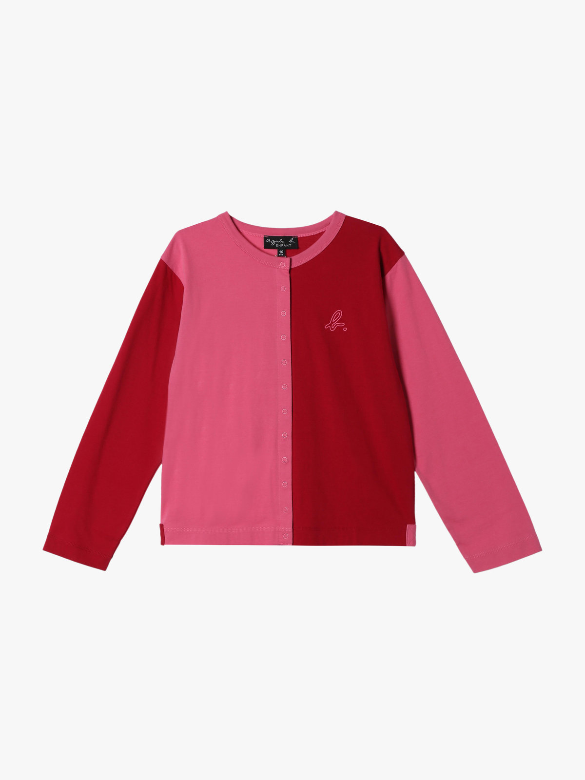 ENFANT ユニセックス キッズ バイカラー "b."ロゴ コットン 長袖 カーディガンプレッション "Bicol" レッド