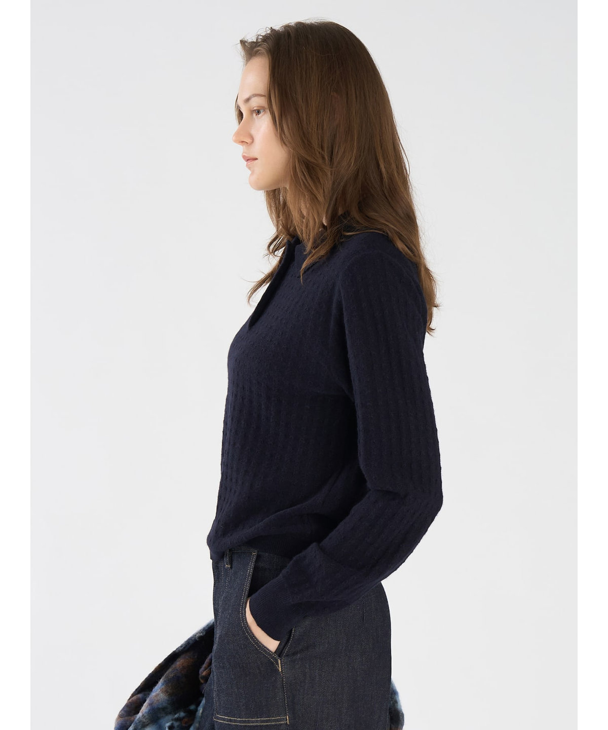 To b. by agnès b. ウール 長袖 ニットポロシャツ ネイビー