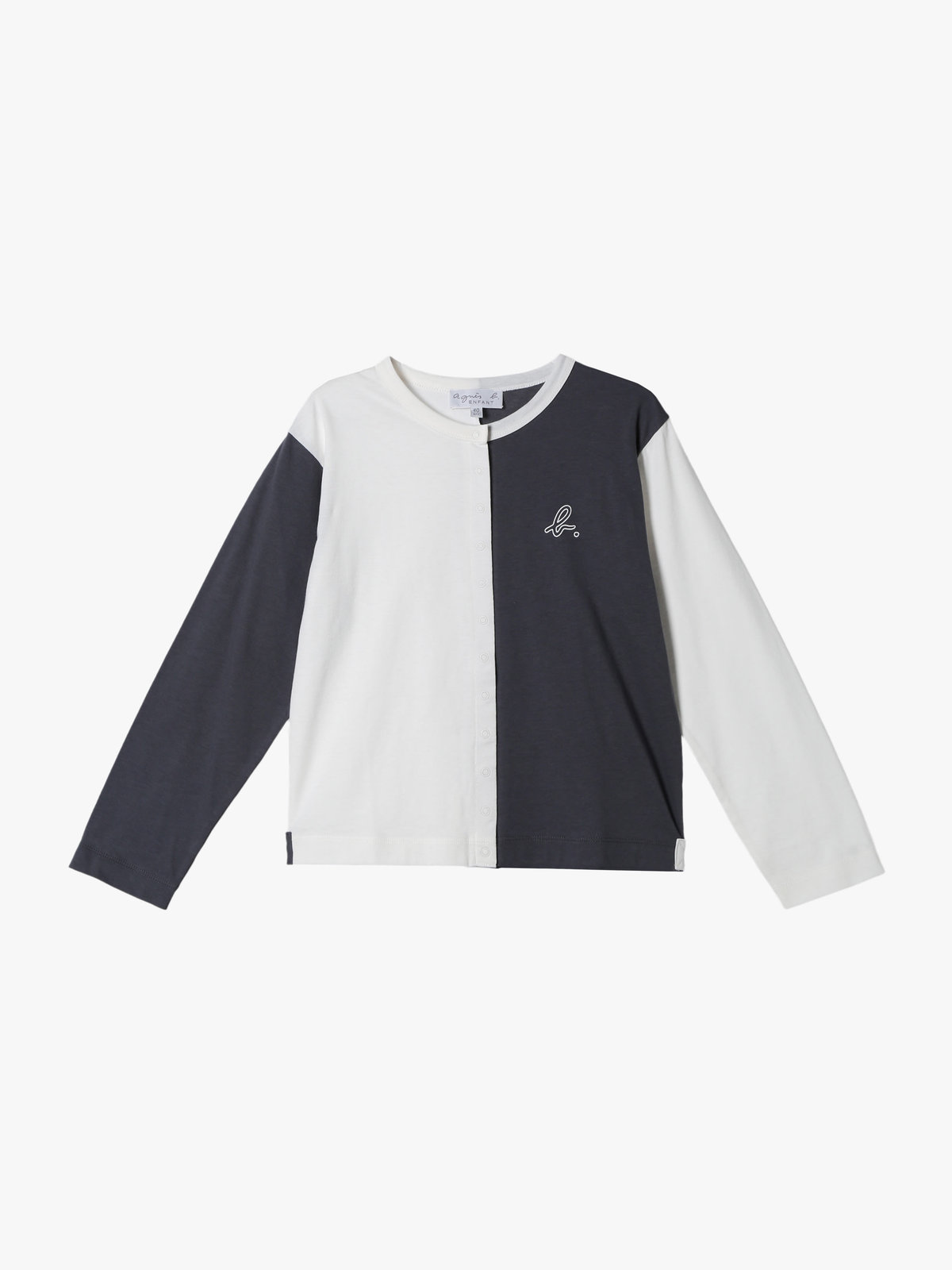 ENFANT ユニセックス キッズ バイカラー "b."ロゴ コットン 長袖 カーディガンプレッション "Bicol" グレー