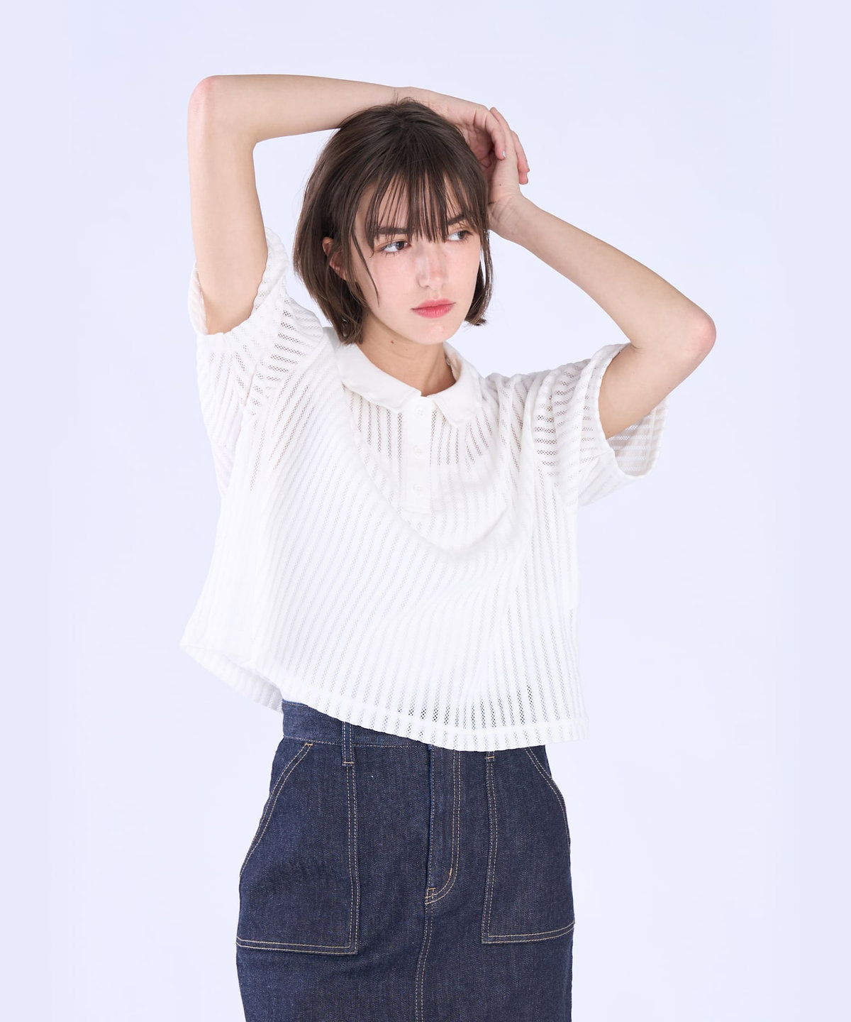 To b. by agnès b. ラッフルメッシュ ストライプ ポロシャツ ホワイト