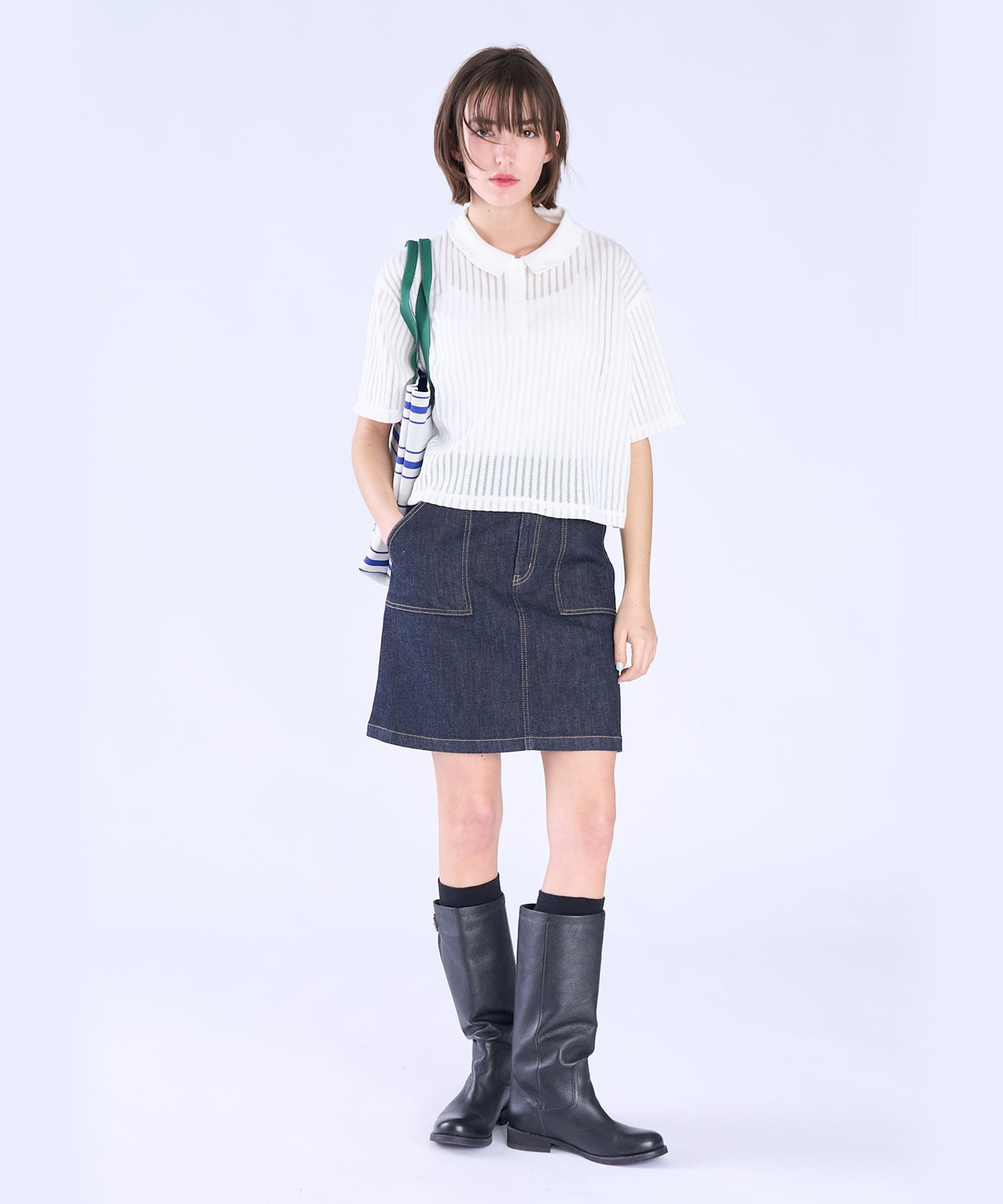 To b. by agnès b. ラッフルメッシュ ストライプ ポロシャツ ホワイト