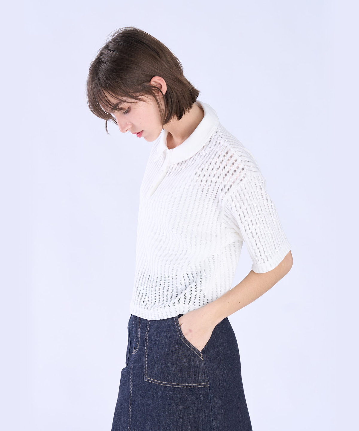 To b. by agnès b. ラッフルメッシュ ストライプ ポロシャツ ホワイト
