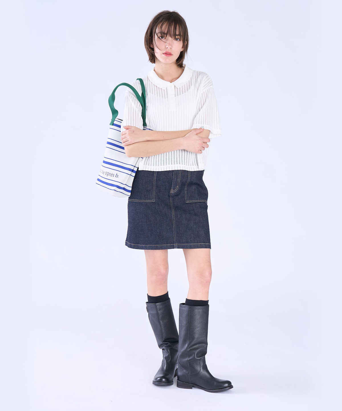 To b. by agnès b. ラッフルメッシュ ストライプ ポロシャツ ホワイト