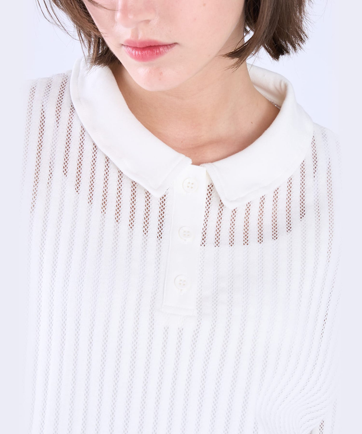 To b. by agnès b. ラッフルメッシュ ストライプ ポロシャツ ホワイト