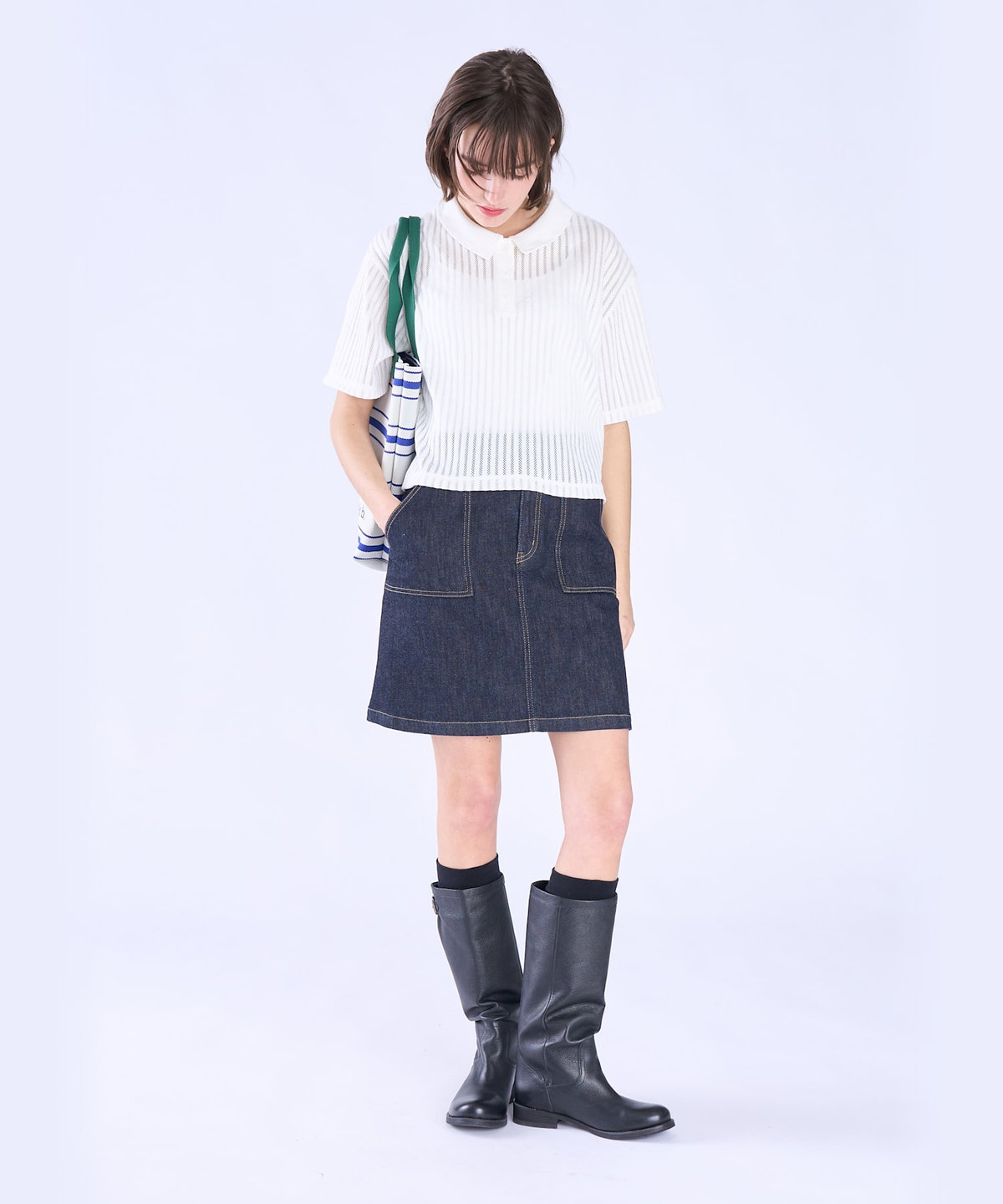 To b. by agnès b. ラッフルメッシュ ストライプ ポロシャツ ホワイト