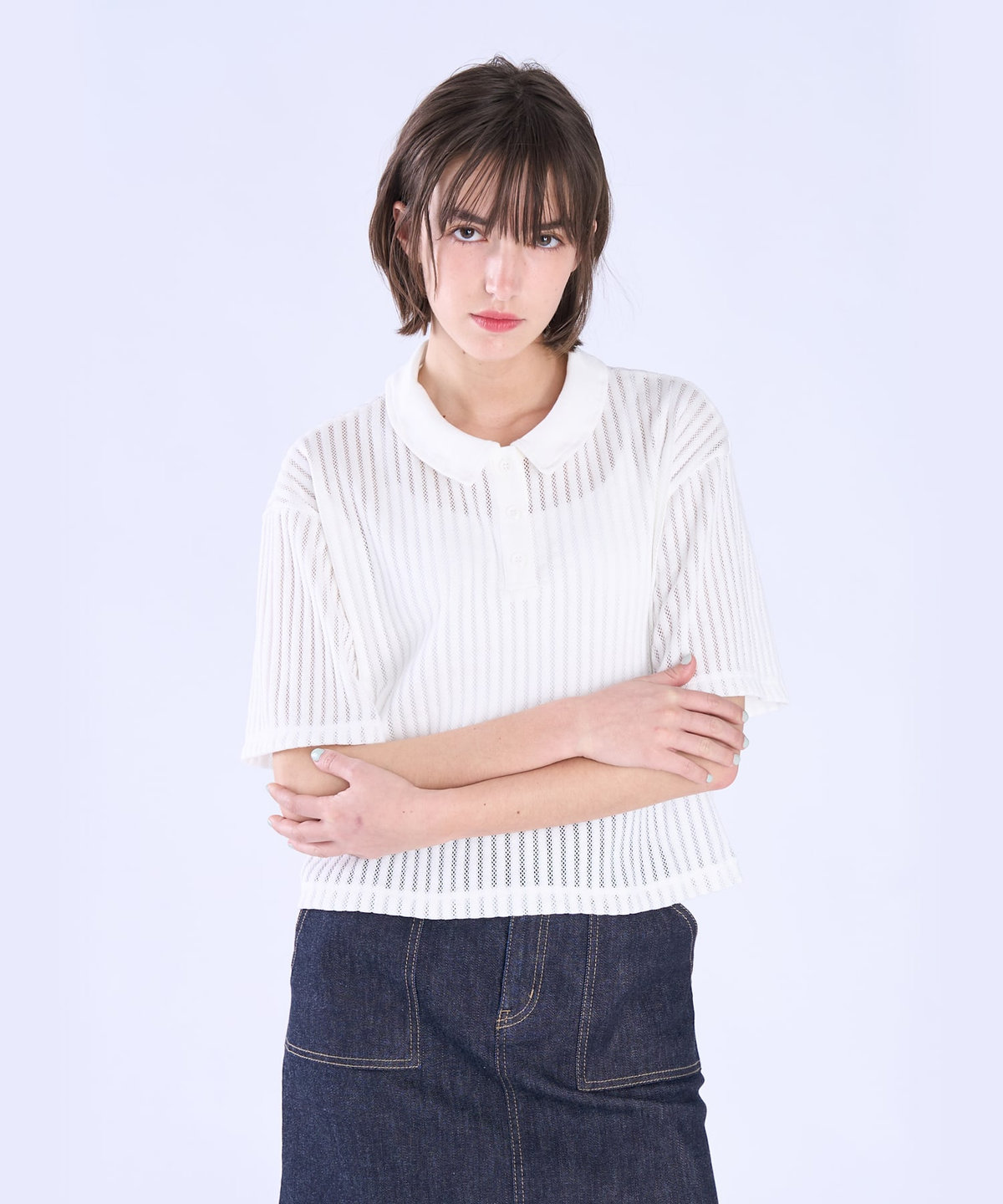 To b. by agnès b. ラッフルメッシュ ストライプ ポロシャツ ホワイト