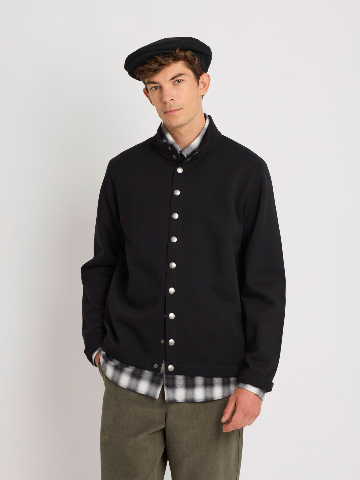 HOMME メンズ メンズ オーガニックコットン メルトン 長袖 カーディガンプレッション "Yvan" ブラック