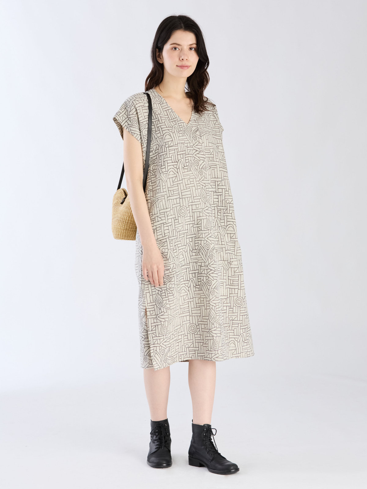 FEMME ウィメンズ プリント リネン コットン 半袖 ワンピース "Maroc" ベージュ