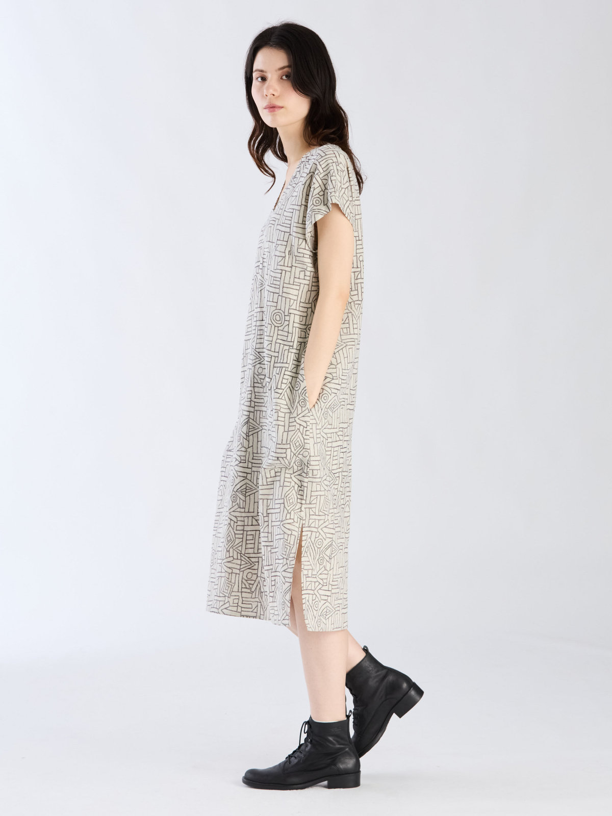 FEMME ウィメンズ プリント リネン コットン 半袖 ワンピース "Maroc" ベージュ