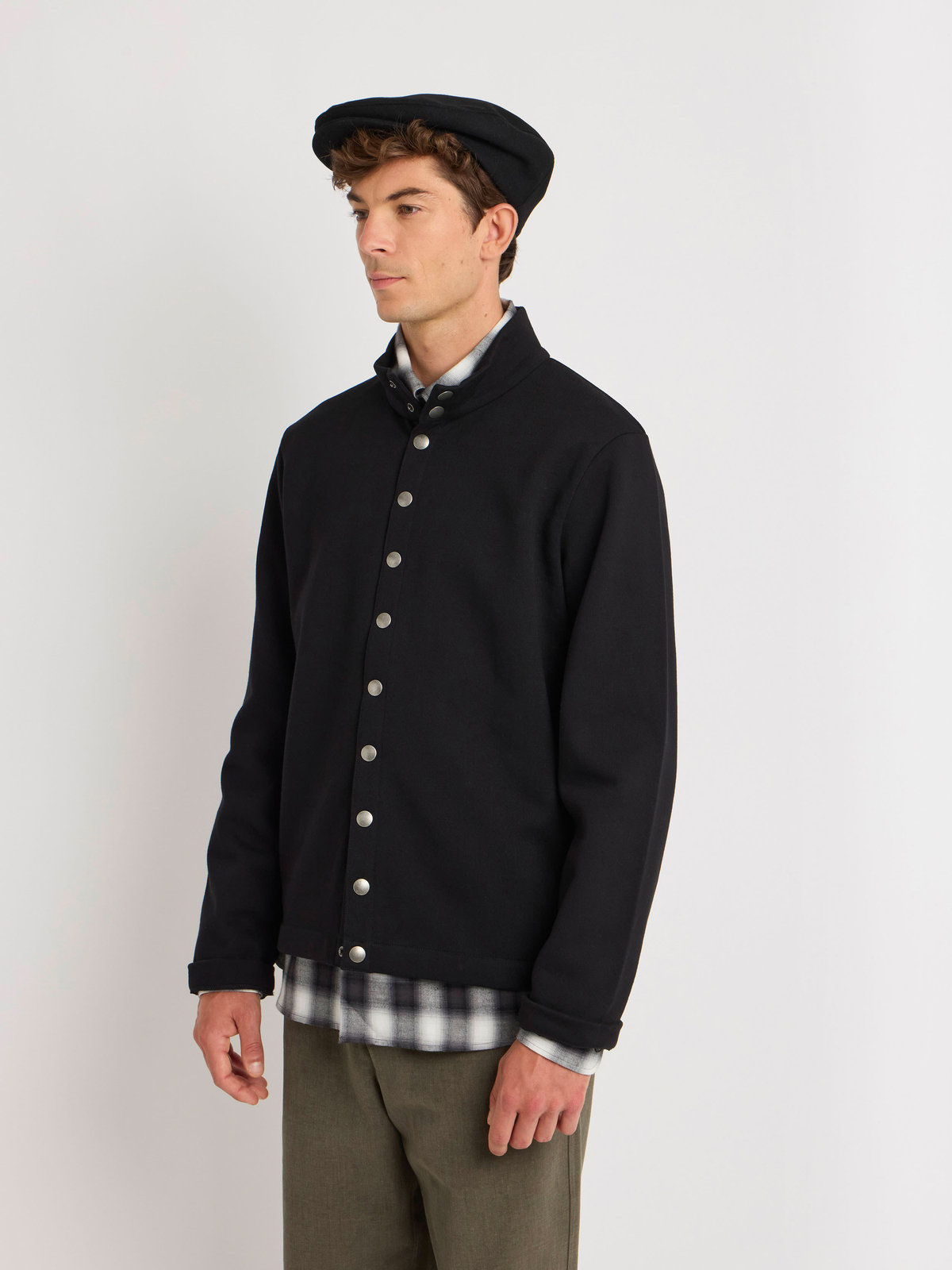 HOMME メンズ メンズ オーガニックコットン メルトン 長袖 カーディガンプレッション "Yvan" ブラック