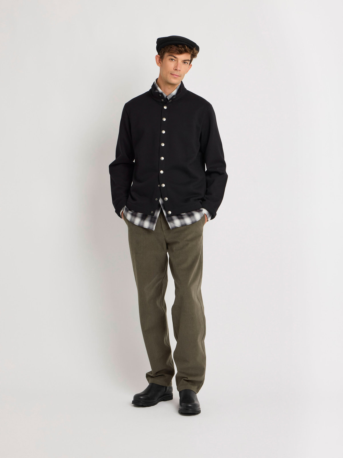 HOMME メンズ メンズ オーガニックコットン メルトン 長袖 カーディガンプレッション "Yvan" ブラック