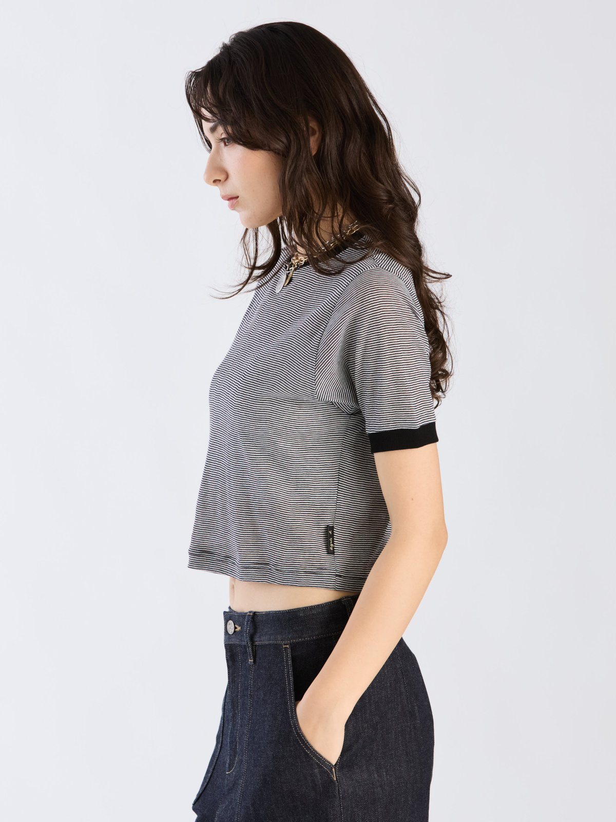 To b. by agnès b. 【Outlet】シアー コットン 半袖 リンガーTシャツ ブラック×ホワイト