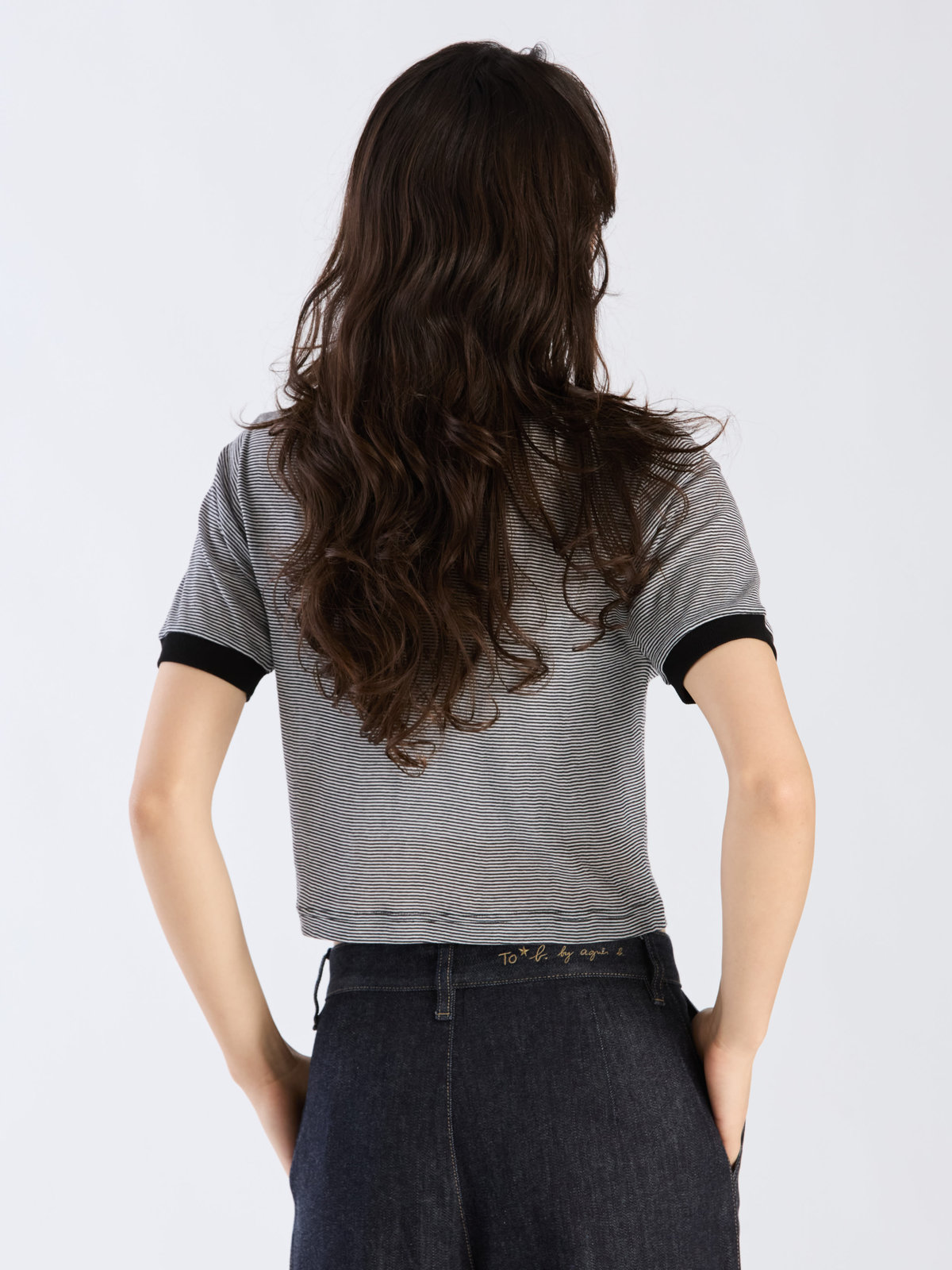 To b. by agnès b. 【Outlet】シアー コットン 半袖 リンガーTシャツ ブラック×ホワイト