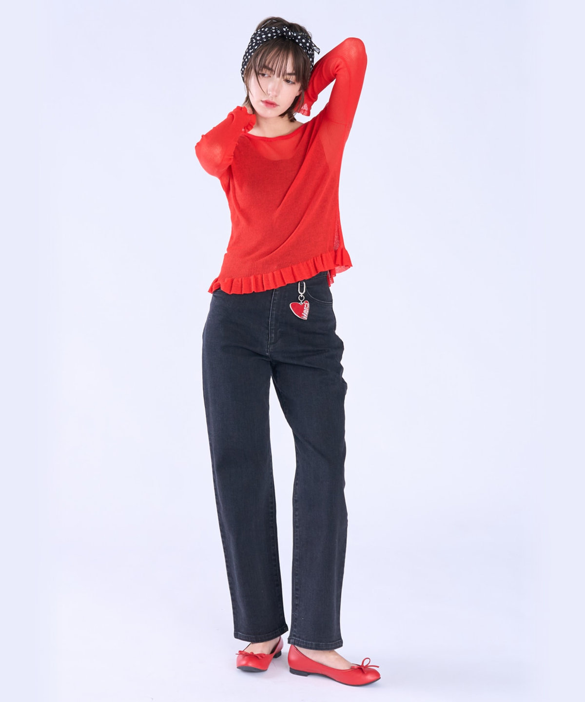 To b. by agnès b. シアー リブ フリル 長袖 ニット プルオーバー レッド