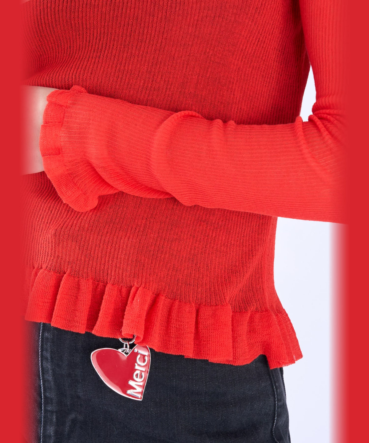 To b. by agnès b. シアー リブ フリル 長袖 ニット プルオーバー レッド