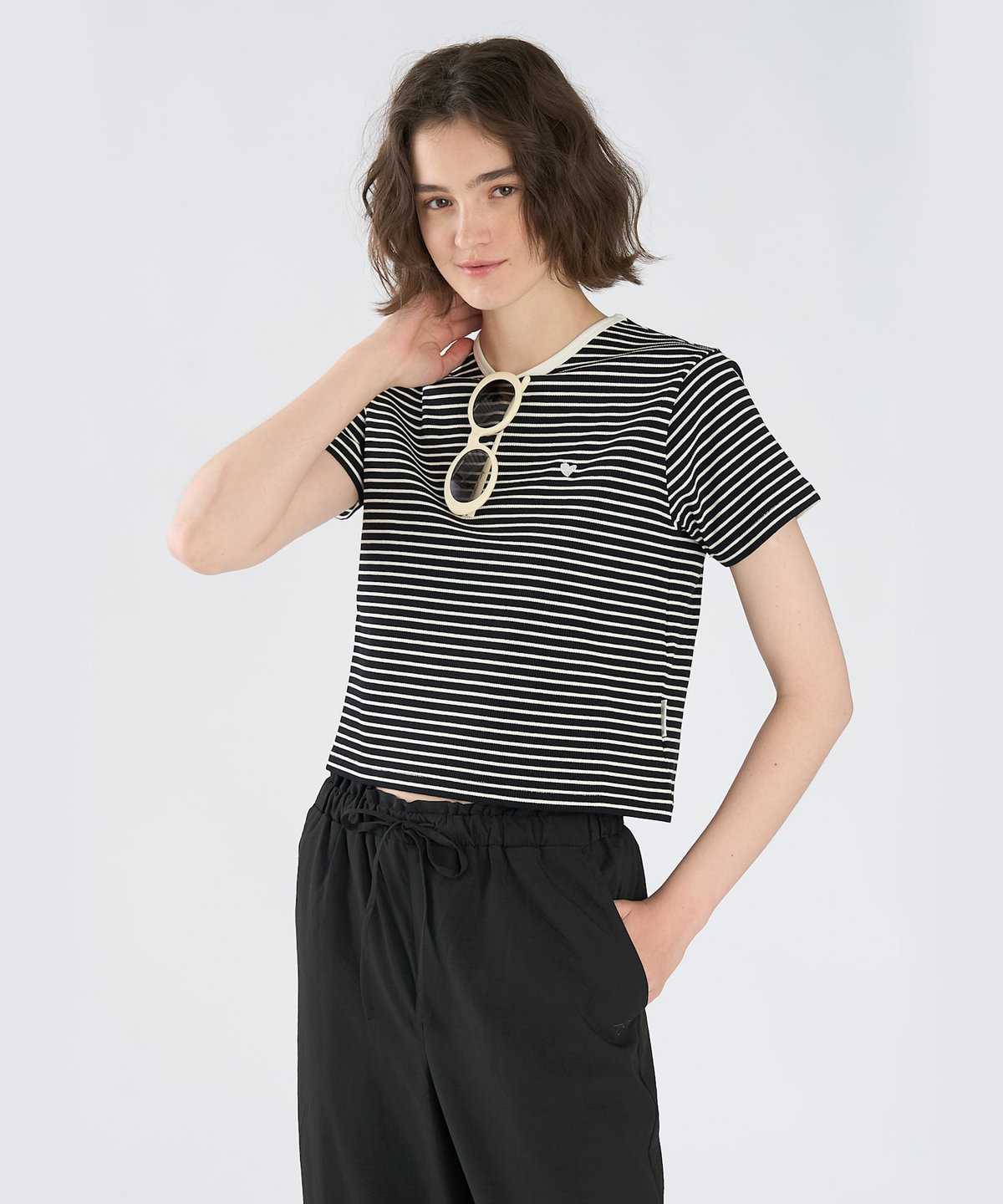 To b. by agnès b. ハート 刺繍 リブ ボーダー 半袖 Tシャツ ブラック