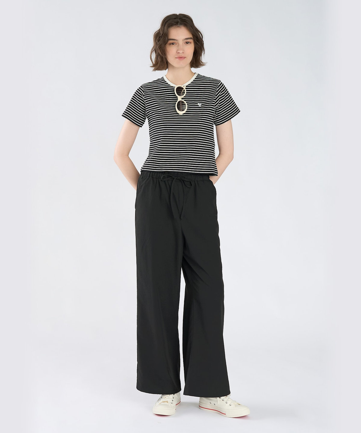To b. by agnès b. ハート 刺繍 リブ ボーダー 半袖 Tシャツ ブラック