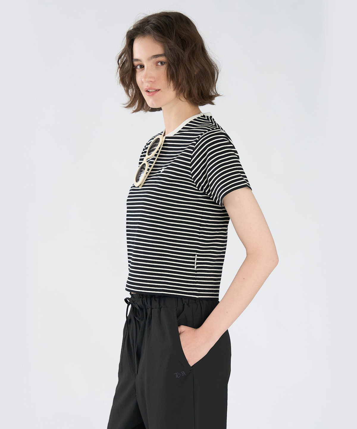To b. by agnès b. ハート 刺繍 リブ ボーダー 半袖 Tシャツ ブラック