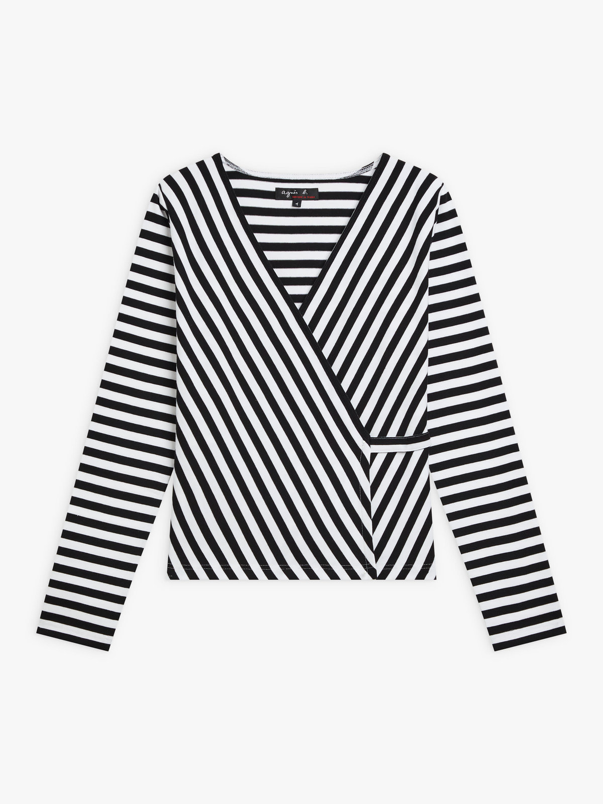 FEMME ウィメンズ ストライプ コットン 長袖 カシュクール トップス ”Zen” ホワイト×ブラック