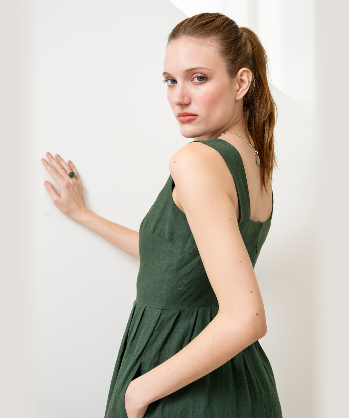 FEMME ウィメンズ リネン ノースリーブ ロング ワンピース グリーン