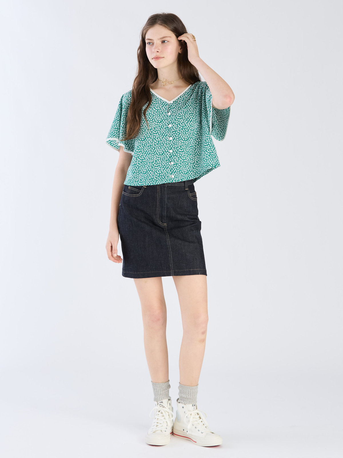 To b. by agnès b. 【Outlet】フラワープリント 半袖 ブラウス グリーン