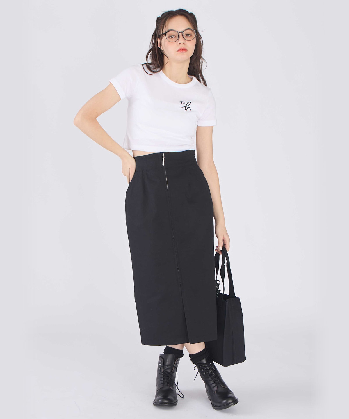 To b. by agnès b. ストレッチ チノ ジップ タイトスカート ブラック