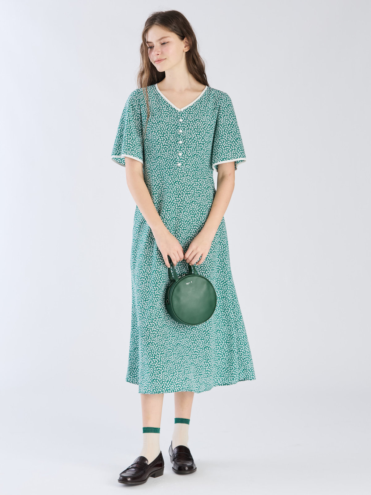 To b. by agnès b. 【Outlet】フラワープリント 半袖 ワンピース グリーン