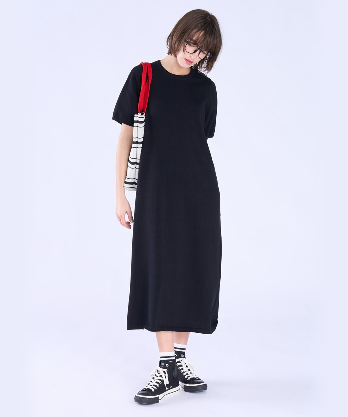 To b. by agnès b. WEB限定 ショルダーボタン コットン 半袖 ニット ワンピース ブラック