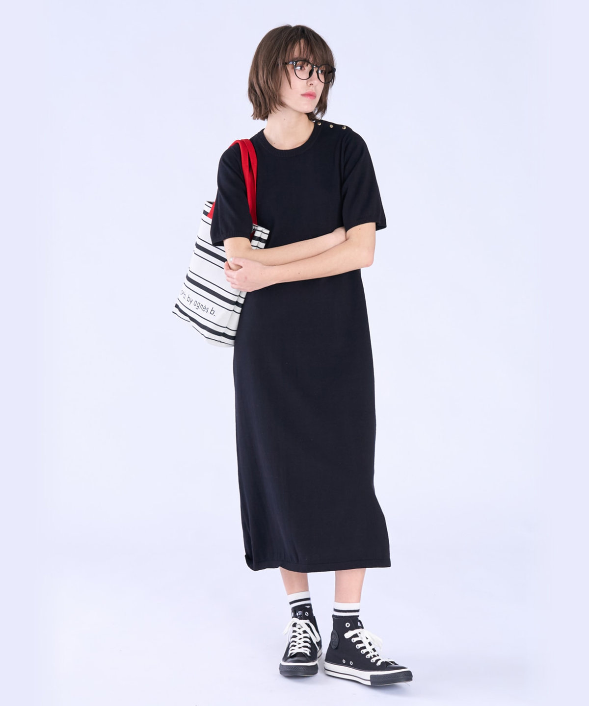 To b. by agnès b. WEB限定 ショルダーボタン コットン 半袖 ニット ワンピース ブラック