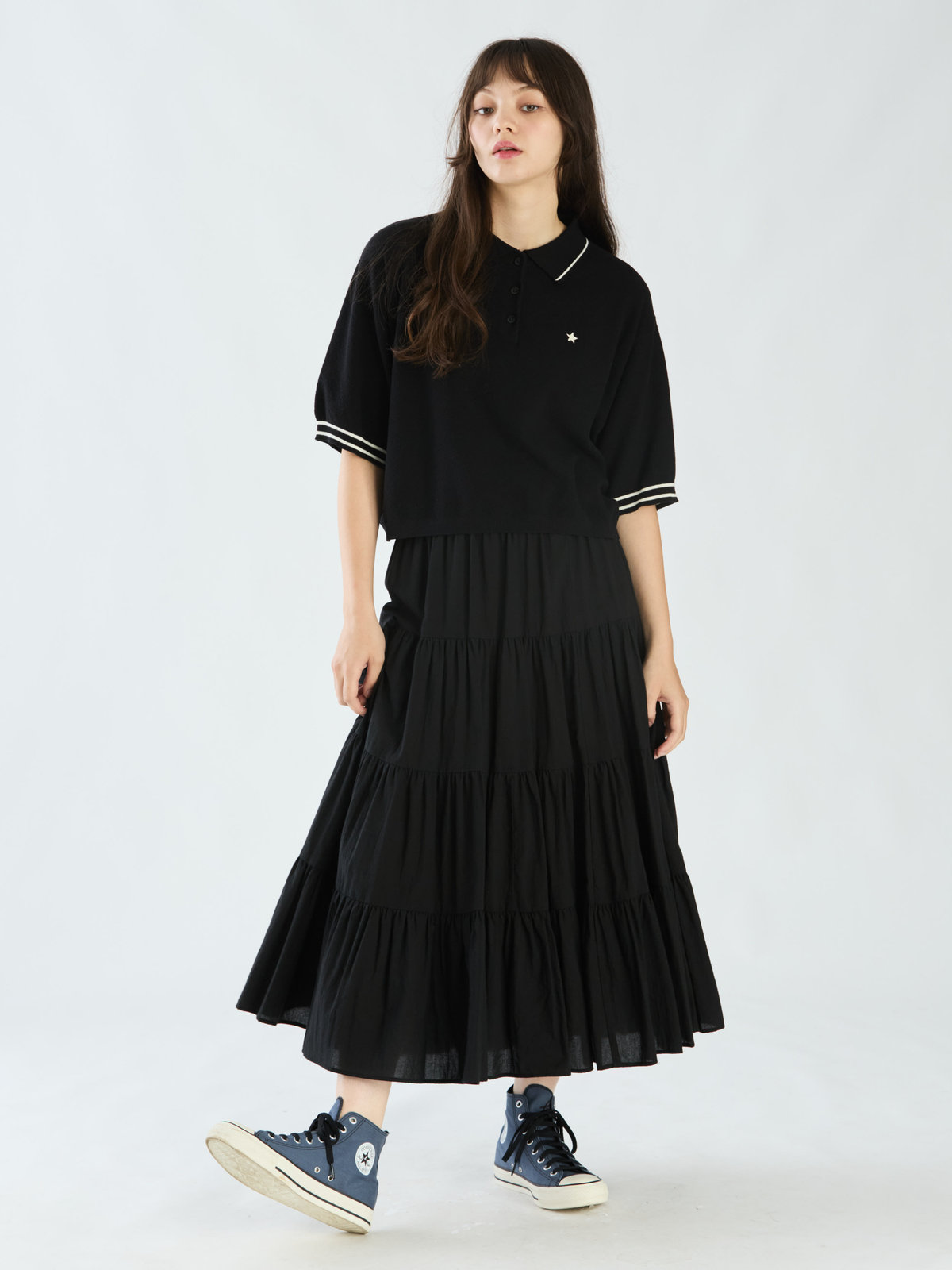 To b. by agnès b. コットン 半袖 ニット ポロ ブラック