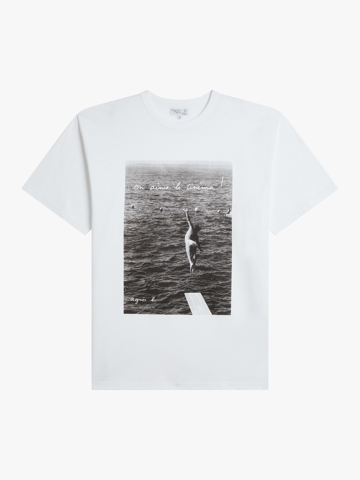 HOMME メンズ メンズ フォト メッセージ プリント コットン 半袖 Tシャツ "On aime le cinema!" ホワイト