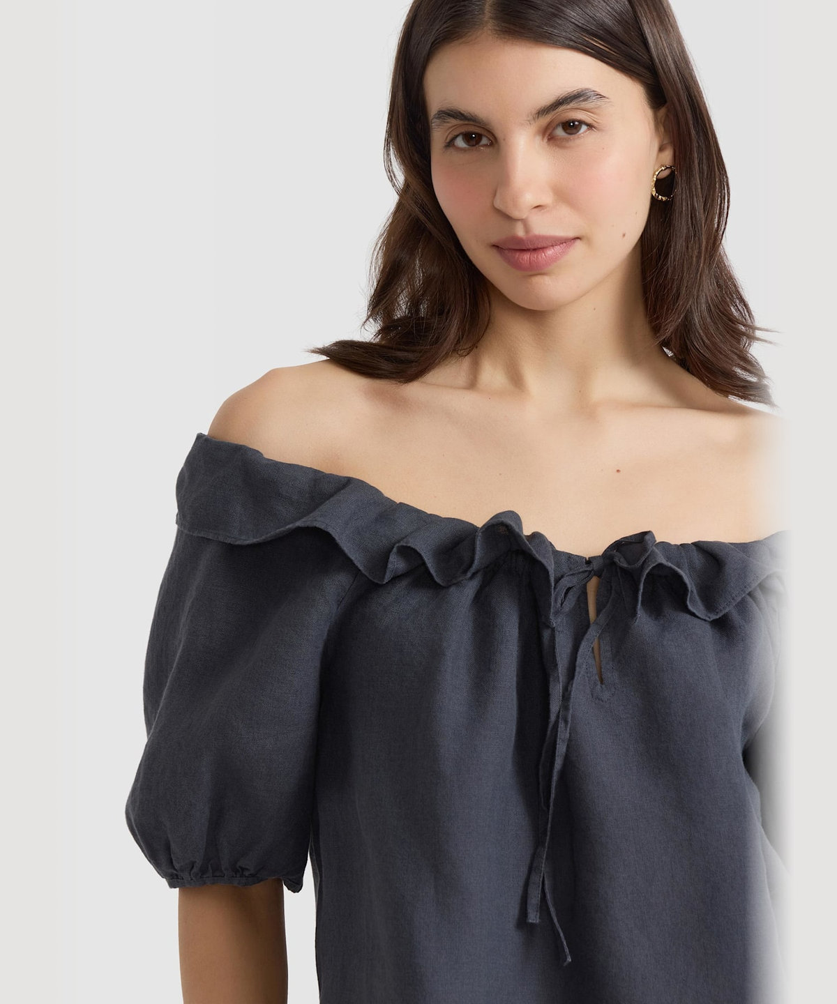 FEMME ウィメンズ リネン ワイドネック 半袖 ブラウス グレー