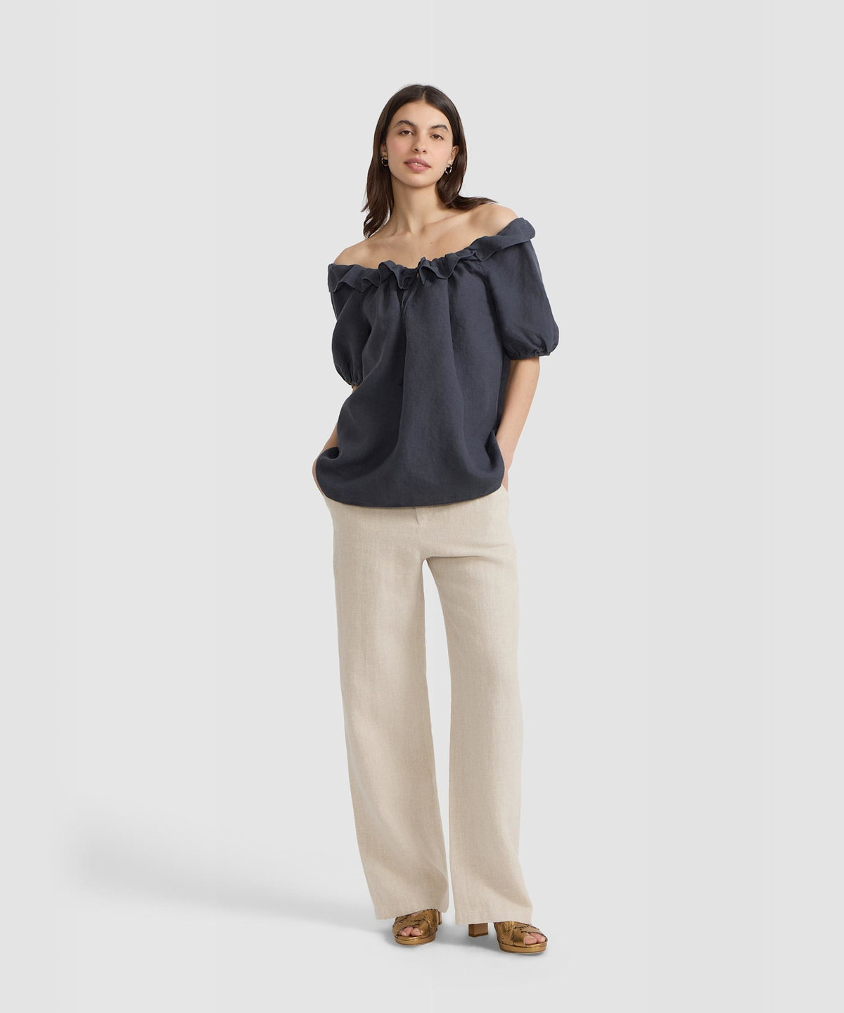 FEMME ウィメンズ リネン ワイドネック 半袖 ブラウス グレー