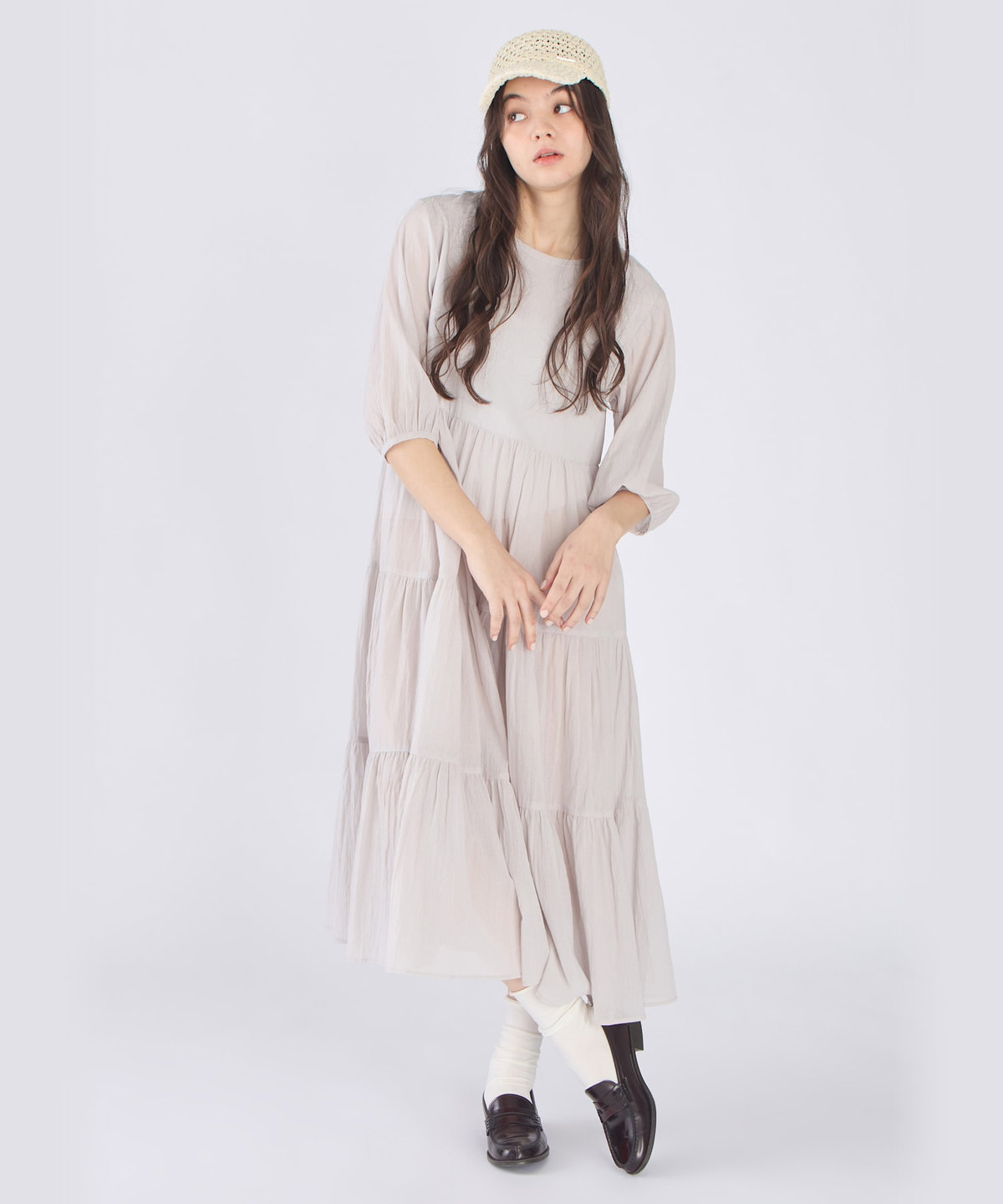 To b. by agnès b. コットン シフォン ティアード ワンピース ライトグレー