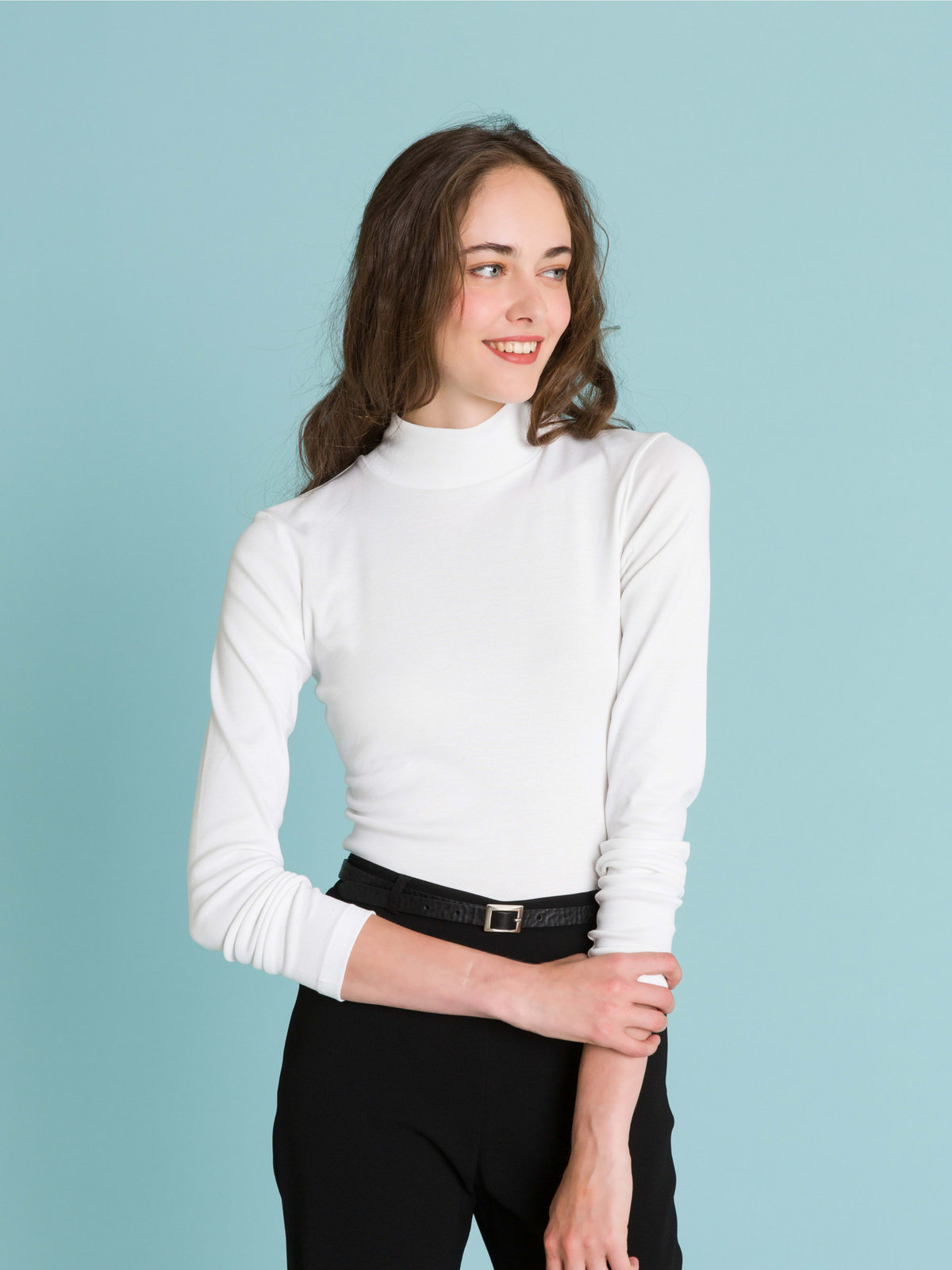 FEMME ウィメンズ コットン ハイネック 長袖 Tシャツ "Vian" ホワイト