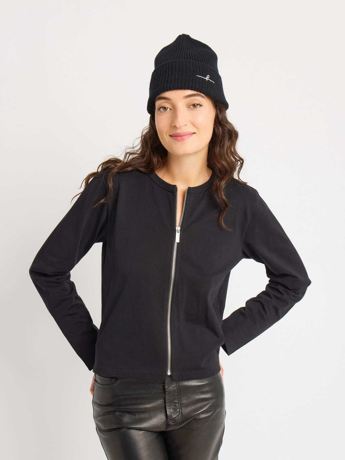 FEMME ウィメンズ コットン 長袖 カーディガン ”Zip” ブラック