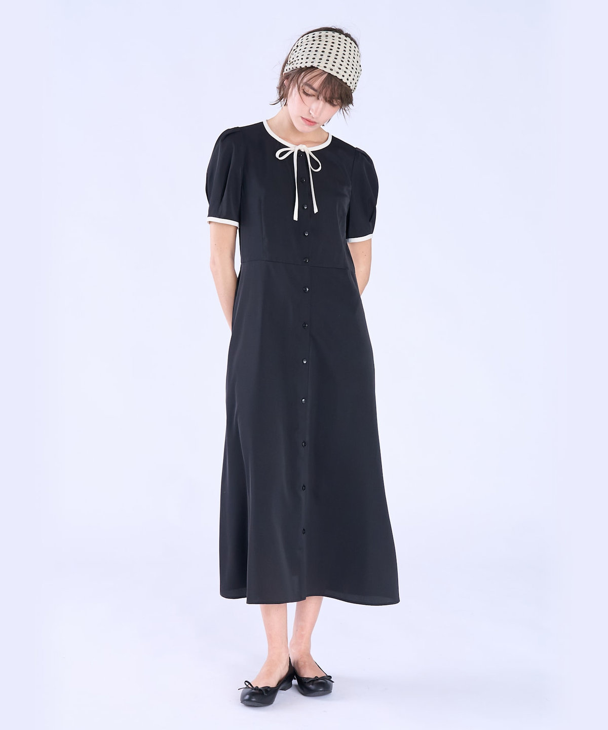 To b. by agnès b. WEB限定 ポリエステル バイカラー 半袖 ワンピース ブラック