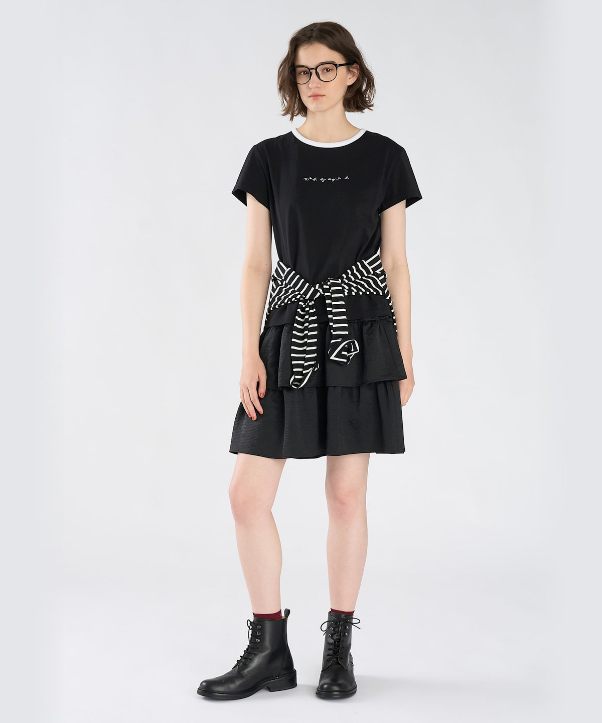 To b. by agnès b. To b. by agnes b.× green label relaxing ロゴ刺繍 オーガニックコットン リンガーTシャツ ブラック