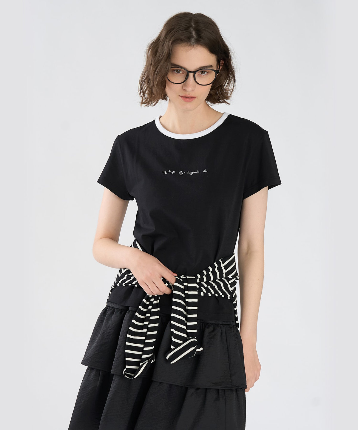 To b. by agnès b. To b. by agnes b.× green label relaxing ロゴ刺繍 オーガニックコットン リンガーTシャツ ブラック