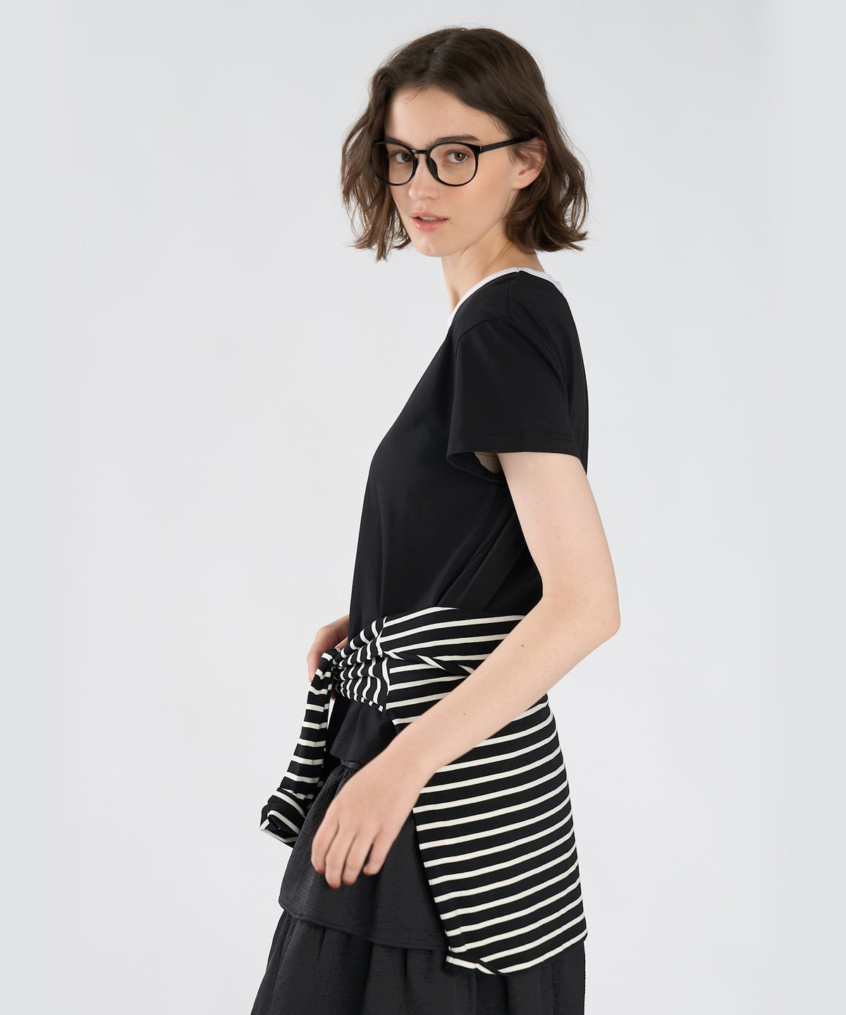 To b. by agnès b. To b. by agnes b.× green label relaxing ロゴ刺繍 オーガニックコットン リンガーTシャツ ブラック