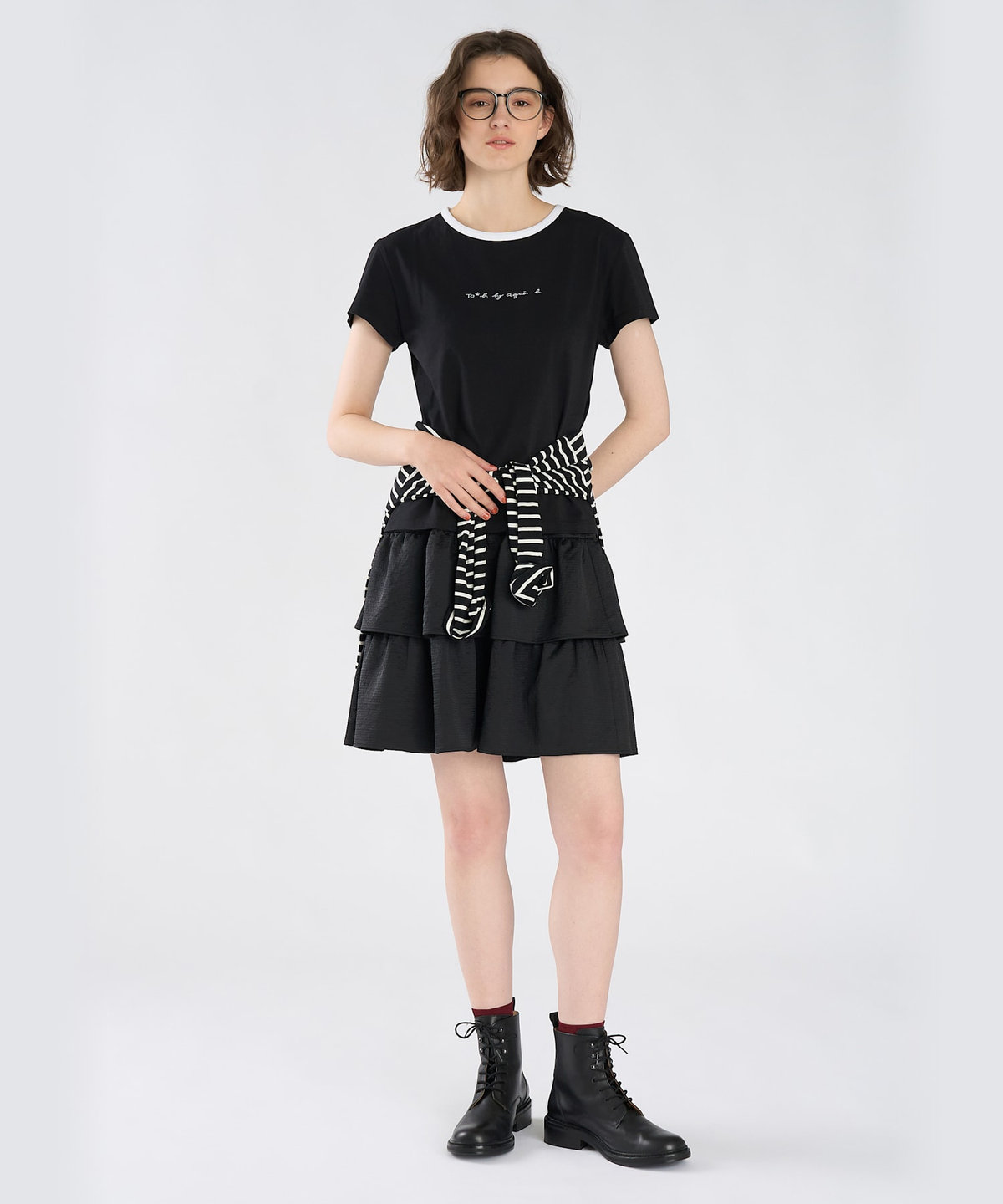 To b. by agnès b. To b. by agnes b.× green label relaxing ロゴ刺繍 オーガニックコットン リンガーTシャツ ブラック