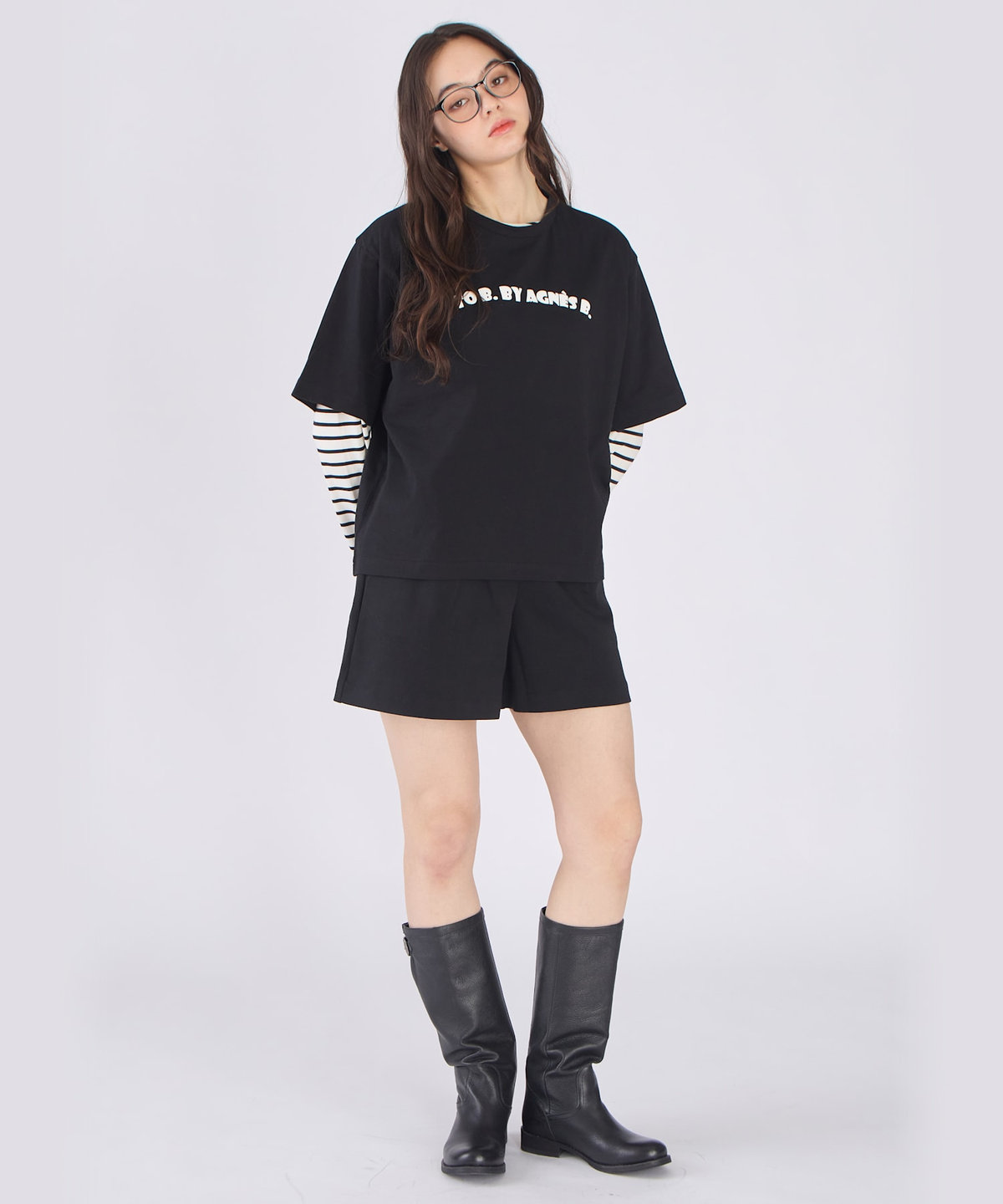 To b. by agnès b. ロゴ パフプリント コットン 半袖 Tシャツ ブラック