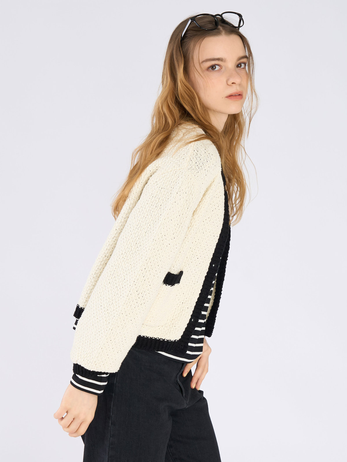 To b. by agnès b. バイカラー ニット カーディガン ホワイト系