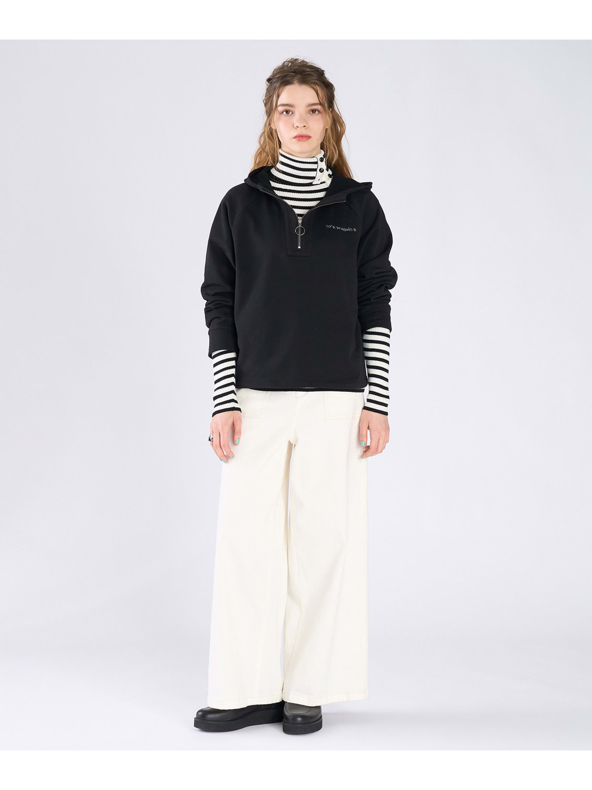To b. by agnès b. コットン ハーフジップ スウェットフーディー ブラック