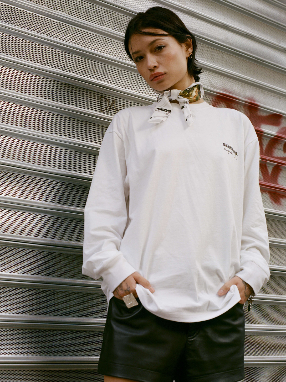 HOMME メンズ agnes b. x NH クルーネック 長袖 Tシャツ ホワイト