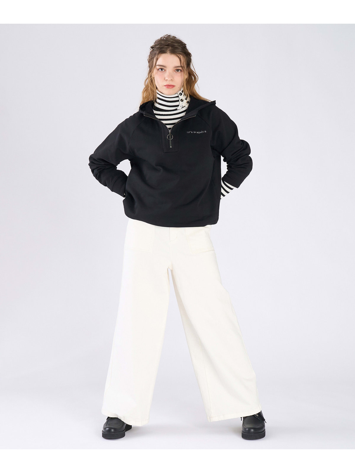 To b. by agnès b. コットン ハーフジップ スウェットフーディー ブラック