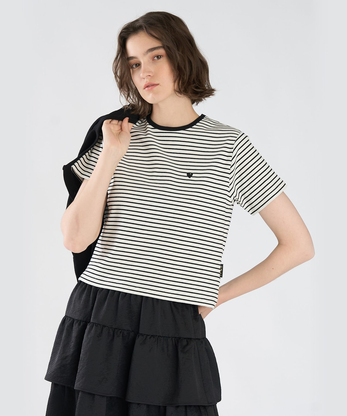 To b. by agnès b. ハート 刺繍 リブ ボーダー 半袖 Tシャツ ホワイト