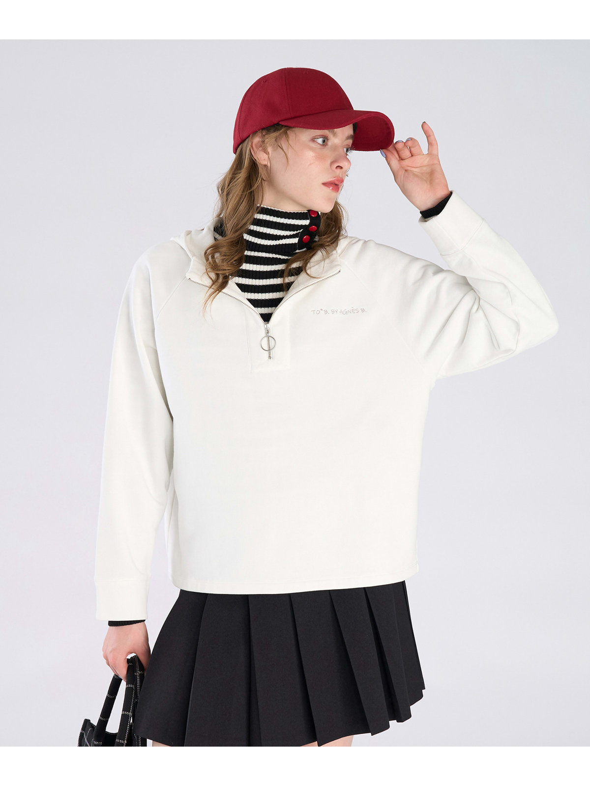 To b. by agnès b. コットン ハーフジップ スウェットフーディー ホワイト