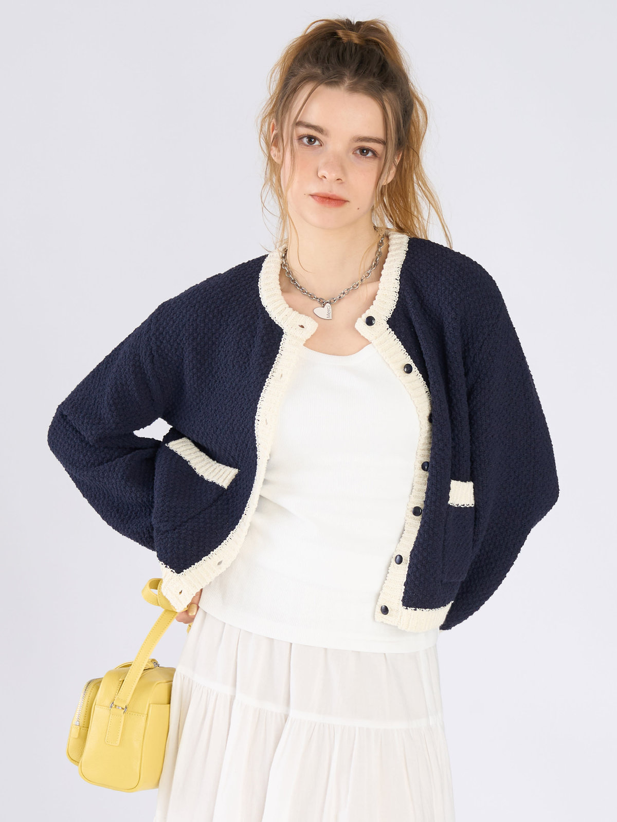 To b. by agnès b. バイカラー ニット カーディガン ネイビー